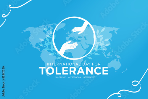 International Day for Tolerance Banner on blue background with map of earth. Two Hands reaching out icon. Vector Illustration. EPS 10.
