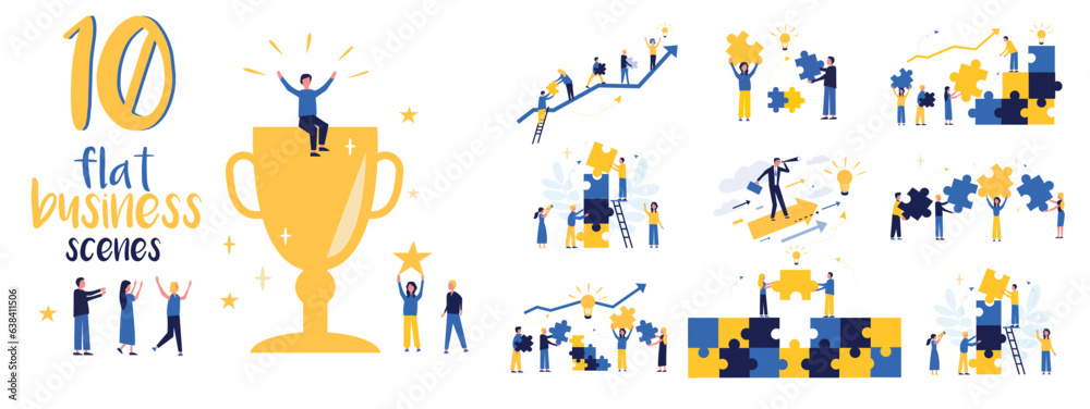 Business Concept illustrations. Big set. Collection of team building scenes. The concept of career development, business, teamwork, teamwork, common goal. Template for landing page, infographic. Business Concept illustrations. Big set. Collection of team building scenes. The concept of career development, business, teamwork, teamwork, common goal. Template for landing page, infographic.