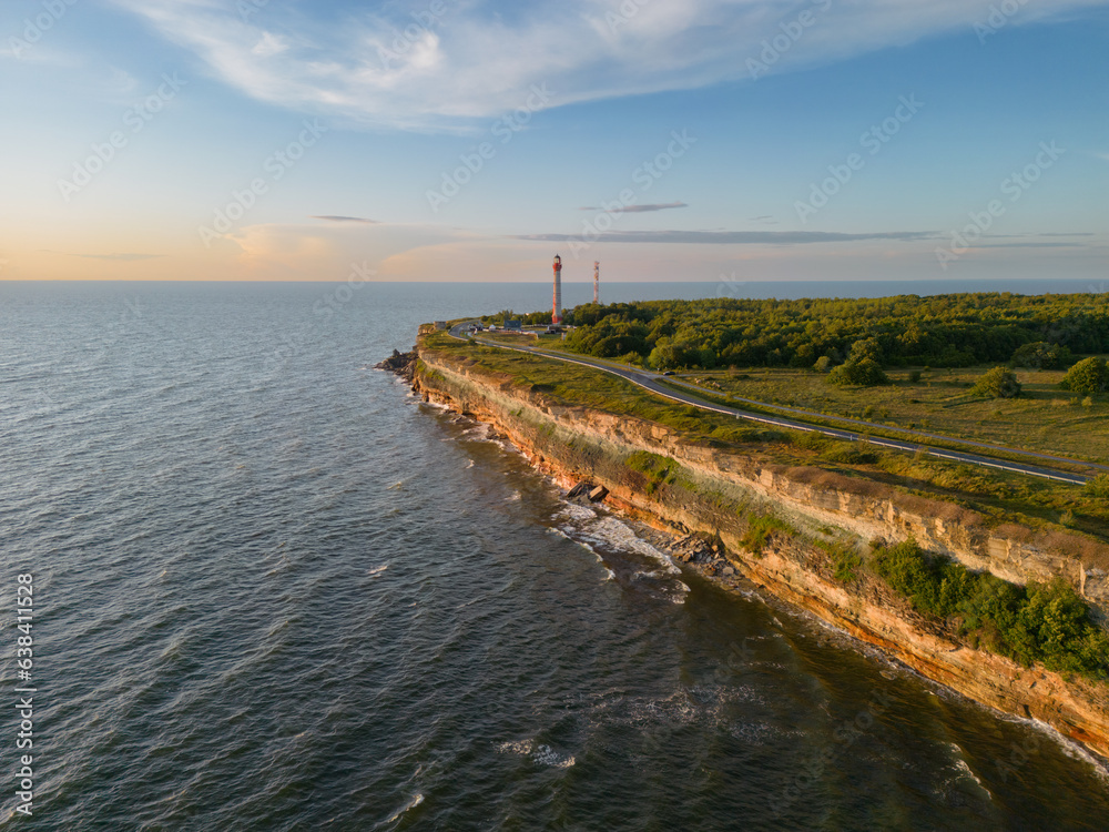 Steep shore on the north coast in Estonia in Paldiski at sunset in summer, photo from a drone.