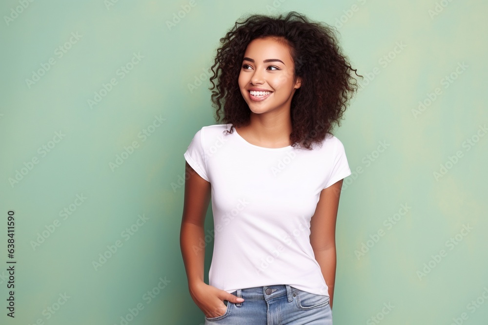 girl wearing white tshirt for mock up on green background girl wearing white tshirt for mock up on green background