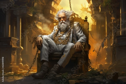 Old man chained to town mansion. Generate Ai
