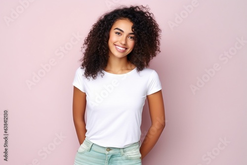 girl wearing white tshirt for mock up on pink background