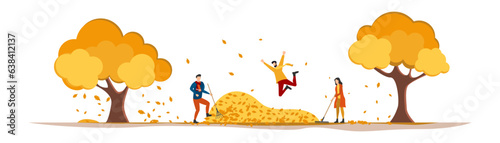 People are walking in the autumn park. Vector