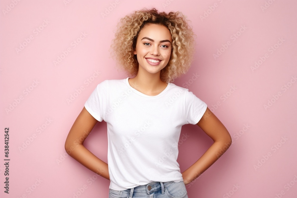 Mock-Up: Attractive Female White T-Shirt Plain Pink Background Mock-Up: Attractive Female White T-Shirt Plain Pink Background
