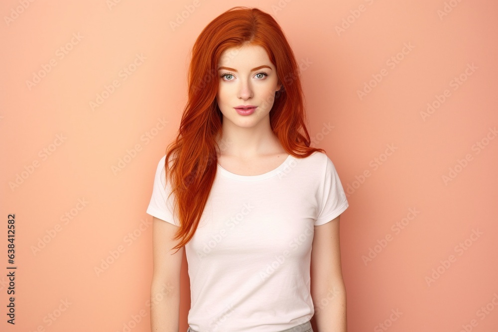 red head wearing white tshirt on plain background for mock up or presentation red head wearing white tshirt on plain background for mock up or presentation