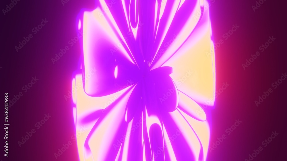 Abstract glowing 3D flower shape background. Bright purple and orange neon energy. Iridescent and luminous colors texture. Fabric deformation illustration. 4K Computer Graphics Render Abstract glowing 3D flower shape background. Bright purple and orange neon energy. Iridescent and luminous colors texture. Fabric deformation illustration. 4K Computer Graphics Render