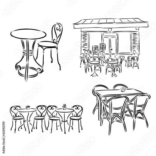 French Street Cafe, Hand drawn Vector Illustration