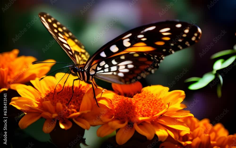 A beautiful butterfly sits on a red flower and flaps its wings. Generative AI