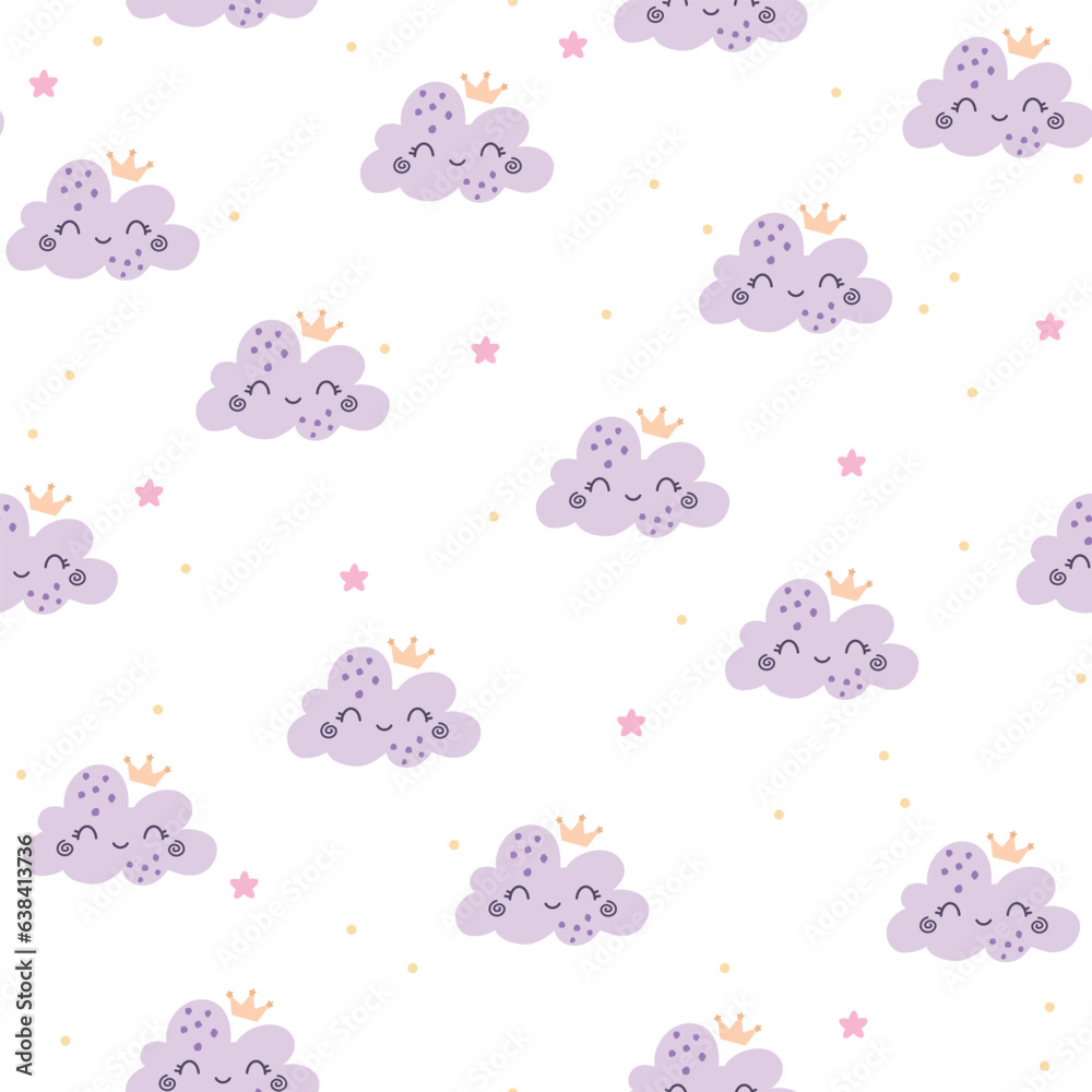 Seamless vector pattern with cute hand drawn clouds faces and stars. Fun design. Kawaii skandi theme background for print, wrapping paper, textile, fabric, wallpaper, gift, card, packaging, apparel.