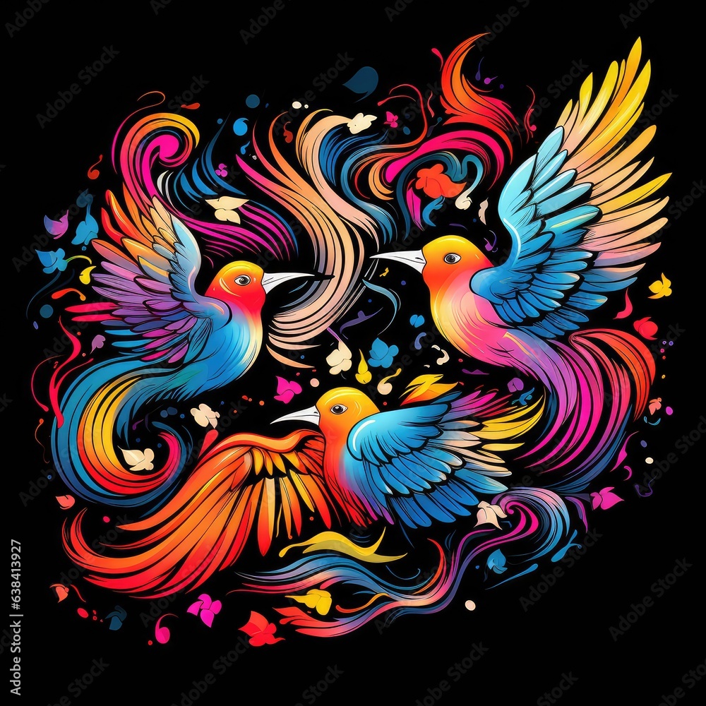 pattern of bright and colourful tropical birds and flowers