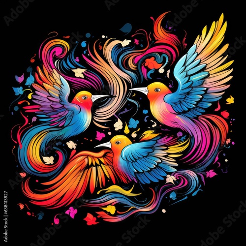 pattern of bright and colourful tropical birds and flowers