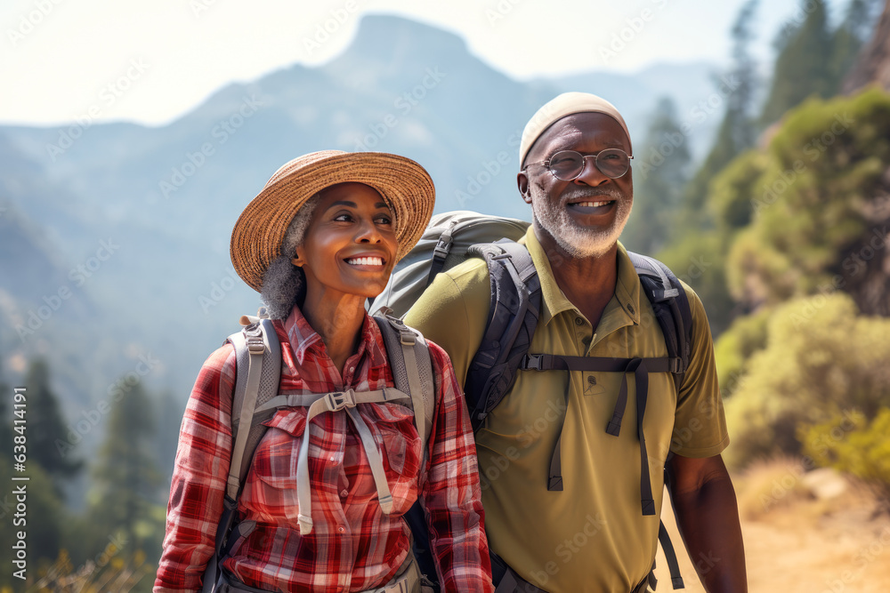 Travelers African American pensioners on a hike.