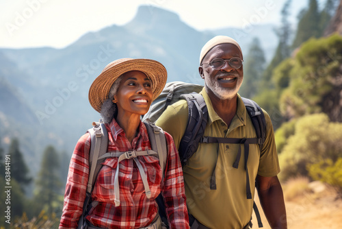 Travelers African American pensioners on a hike.