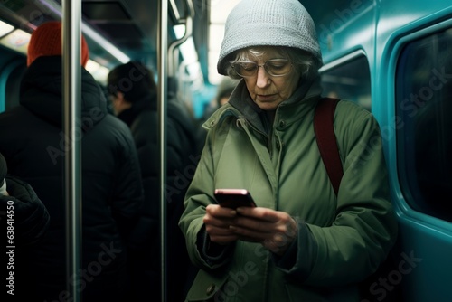 Old woman London subway look smartphone. Generate Ai photo