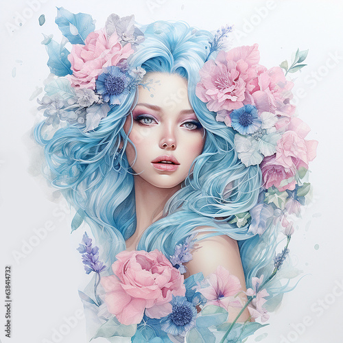 Beautiful young woman with blue hydrangea flowers in her hair. Watercolor drawing