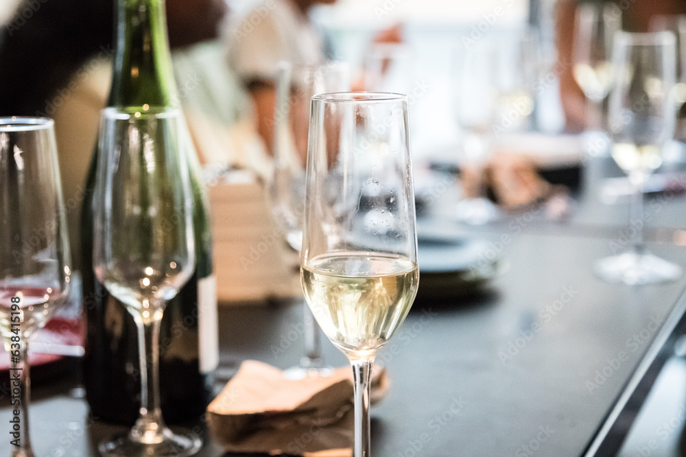 Bachelorette. Champagne and champagne glasses on a table. Party and social life concept. Selective focus Bachelorette. Champagne and champagne glasses on a table. Party and social life concept. Selective focus