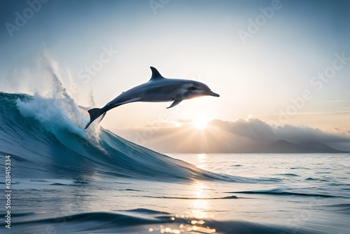 Fish, A pair of playful dolphins leaping gracefully out of the sparkling waves in the open ocean © Aziz