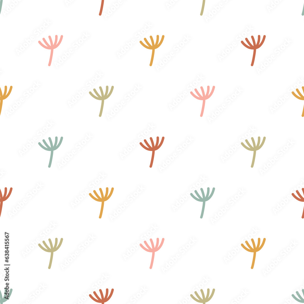 Simple floral seamless vector pattern. Cute scandi theme design. Doodle hand drawn background for kids room decor, nursery art, apparel, gift, fabric, textile, wrapping paper, wallpaper, packaging.