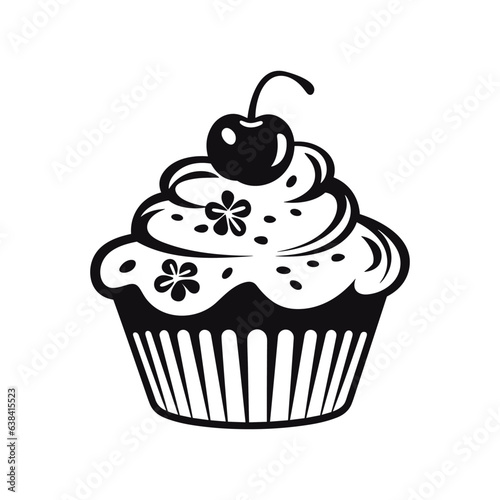 Cupcake with cherry in flat black color on white background