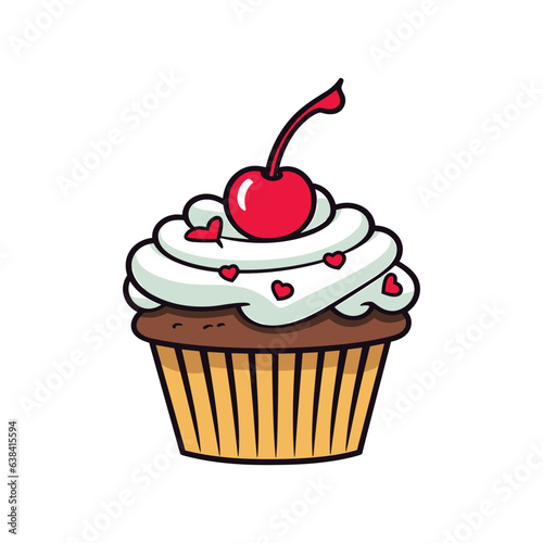 Cupcake with cherry in flat color on white background