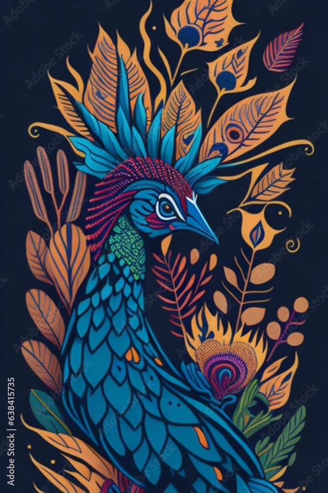 A detailed illustration of a Peacock for a t-shirt design, wallpaper, fashion