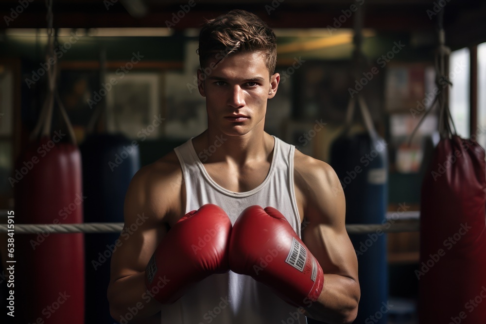 Portrait of a young boxer in the gym. He looking at camera after a workout. Boxing is a sport for those who are able to show a real masculine character.