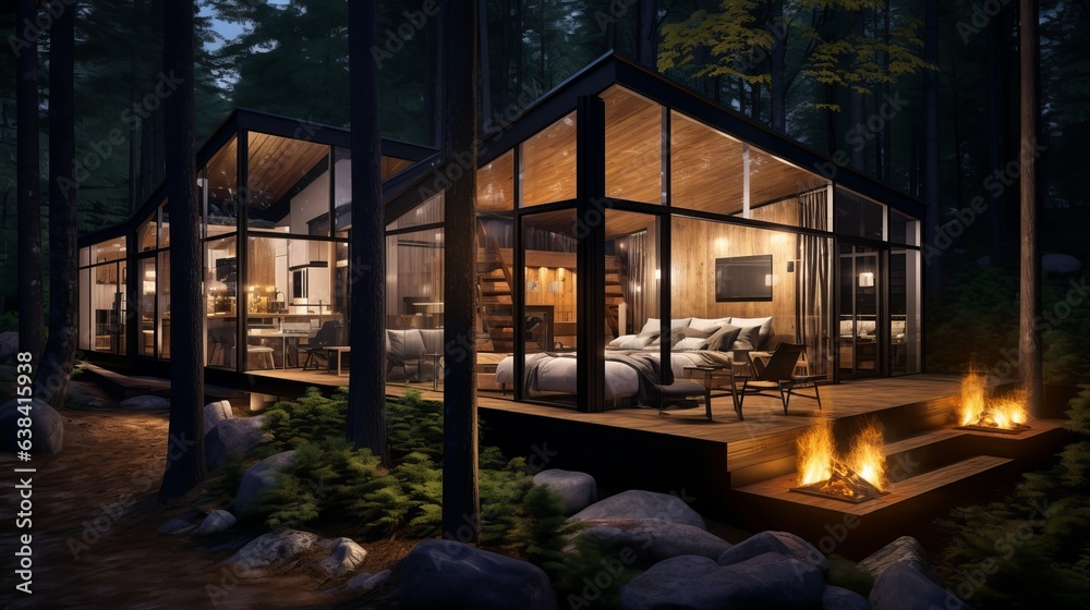 Modern luxury villa exterior in minimal style for luxury glamping. Glass cottage in the woods at night