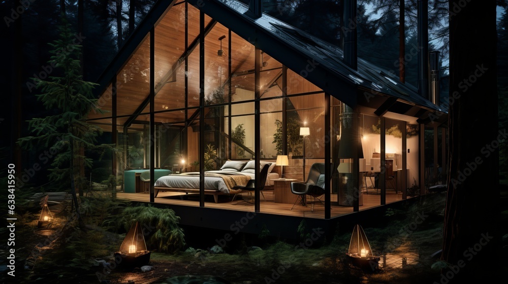 Modern luxury villa exterior in minimal style for luxury glamping. Glass cottage in the woods at night