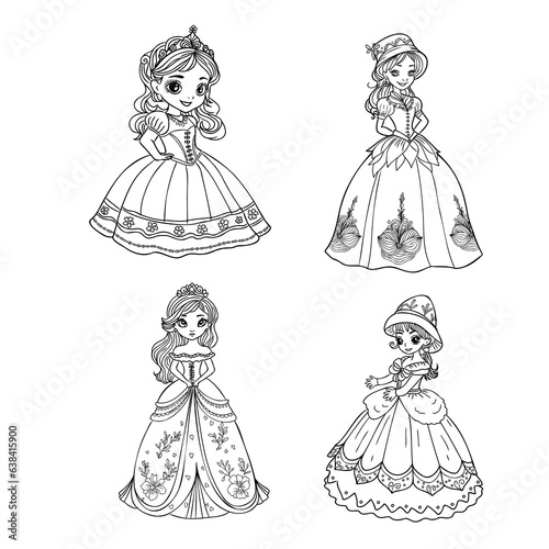 Cute princess dancing outlined and color for coloring book
