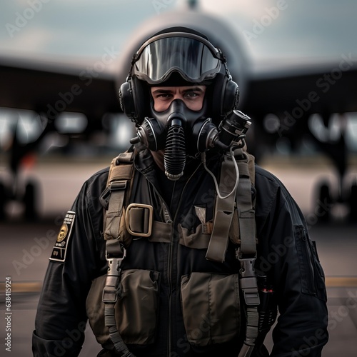 fighter pilot at airfield on mission standby. Pilot Wearing Mask And Helmet with copy space