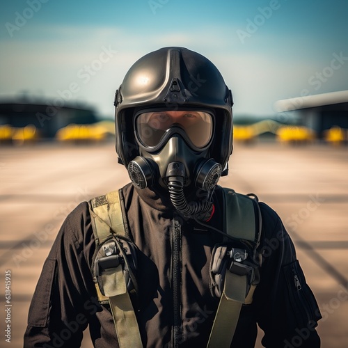 fighter pilot at airfield on mission standby. Pilot Wearing Mask And Helmet with copy space