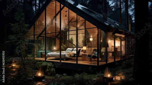 Modern luxury villa exterior in minimal style for luxury glamping. Glass cottage in the woods at night © Suleyman