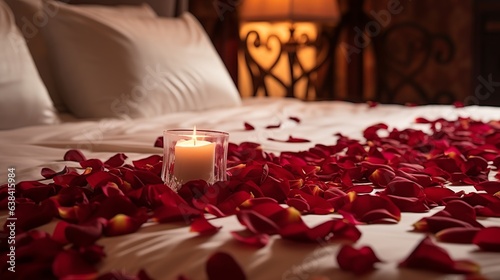Rose on the bed in the hotel rooms. Rose and her petals on the bed for a romantic evening. honeymoon concept photo