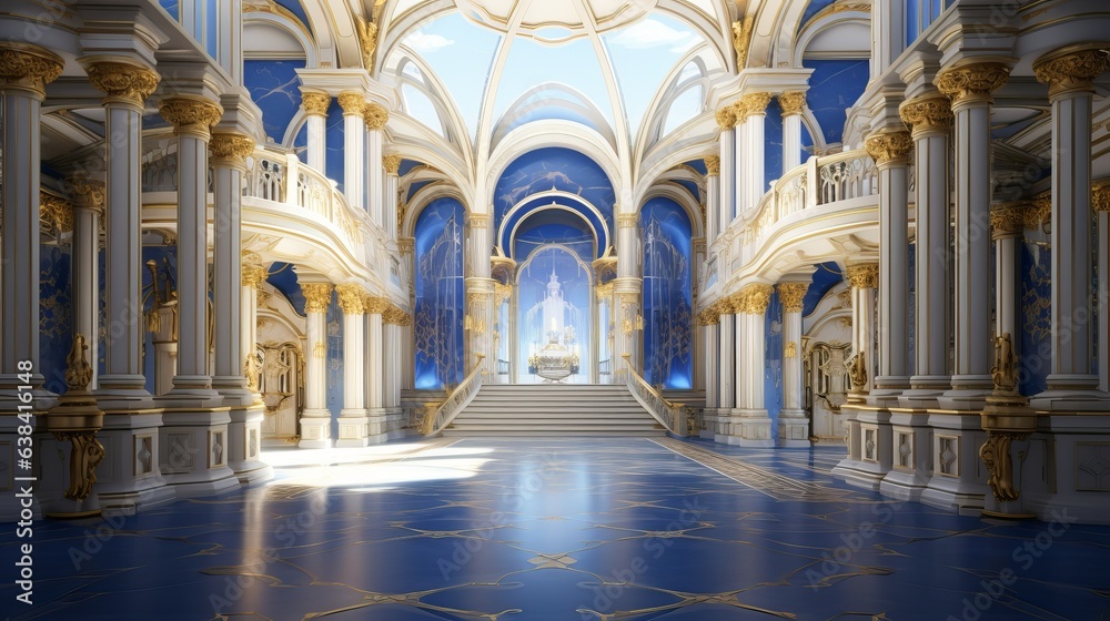 A realistic fantasy blue interior of the royal palace. golden blue palace. castle interior