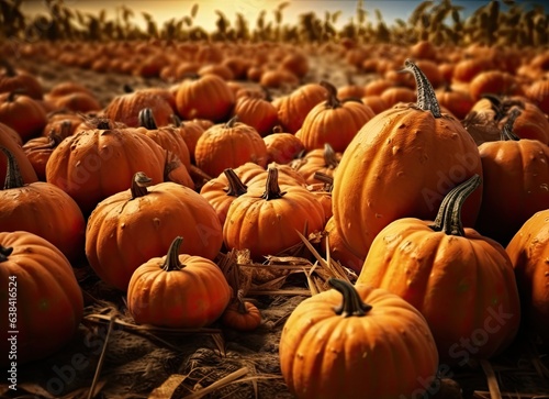 An outdoor display of a crop of large pumpkins on top of hay bales ready for the fall season and its holidays.