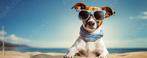 Cool dog with sunglasses and hat on the beach. copy space for text