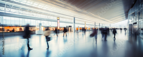 People traveling motion blur. walking through air port. copy space for text