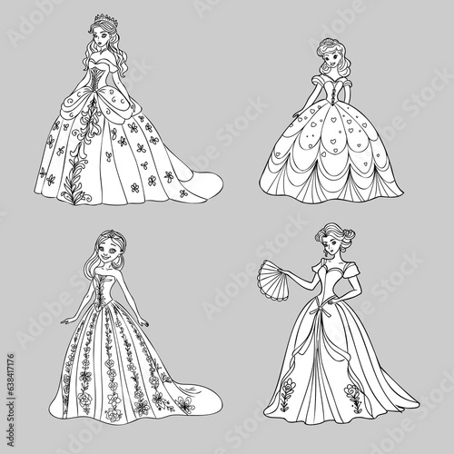 Cute princess dancing outlined and color for coloring book