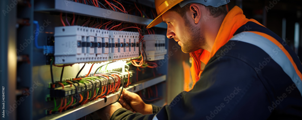 Fototapeta premium electrician man installing a electric switchboard system,