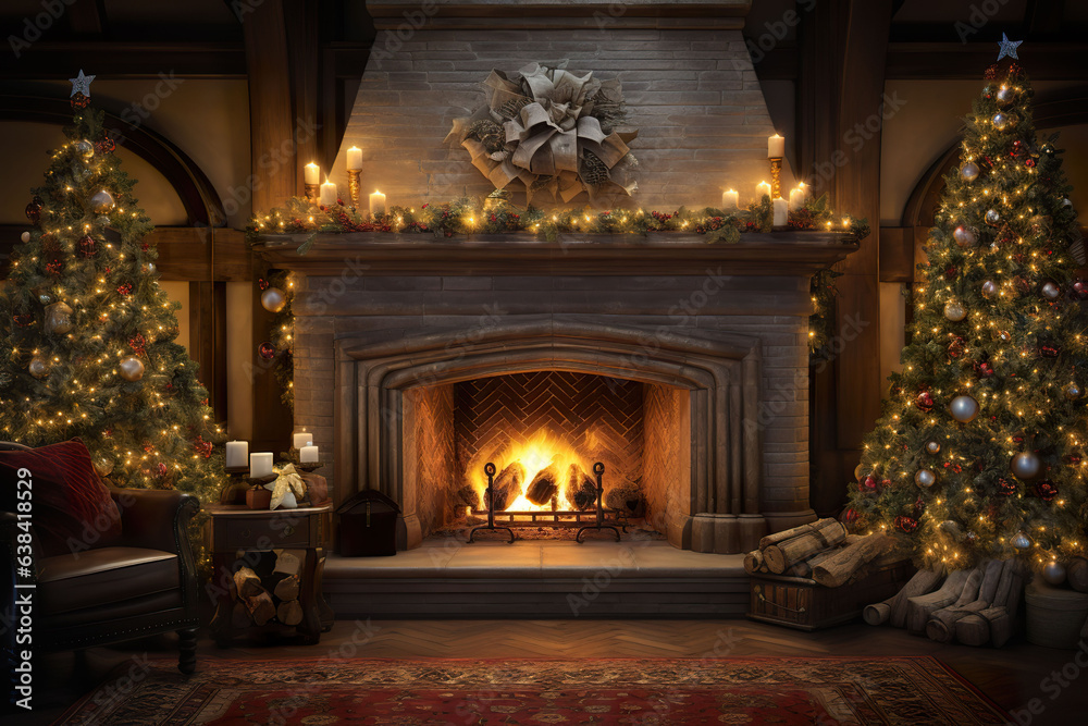 Fireplace with Christmas tree in the background. 