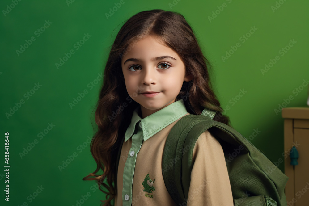 A girl with a backpack on her back stands in front of a green background with a heart on the wall A girl with a backpack on her back stands in front of a green background with a heart on the wall