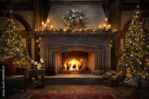 Fireplace with Christmas tree in the background.  © Teeradej