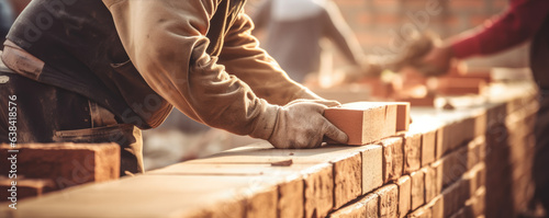 Close up hands of bricklayer, construction worker laying bricks,