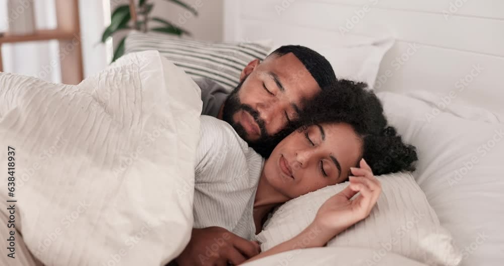 Love, sleeping and morning with couple in bedroom for relax, happy and marriage. Smile, bonding and peace with man and woman and hug in bed at home for health, happiness and honeymoon together Love, sleeping and morning with couple in bedroom for relax, happy and marriage. Smile, bonding and peace with man and woman and hug in bed at home for health, happiness and honeymoon together