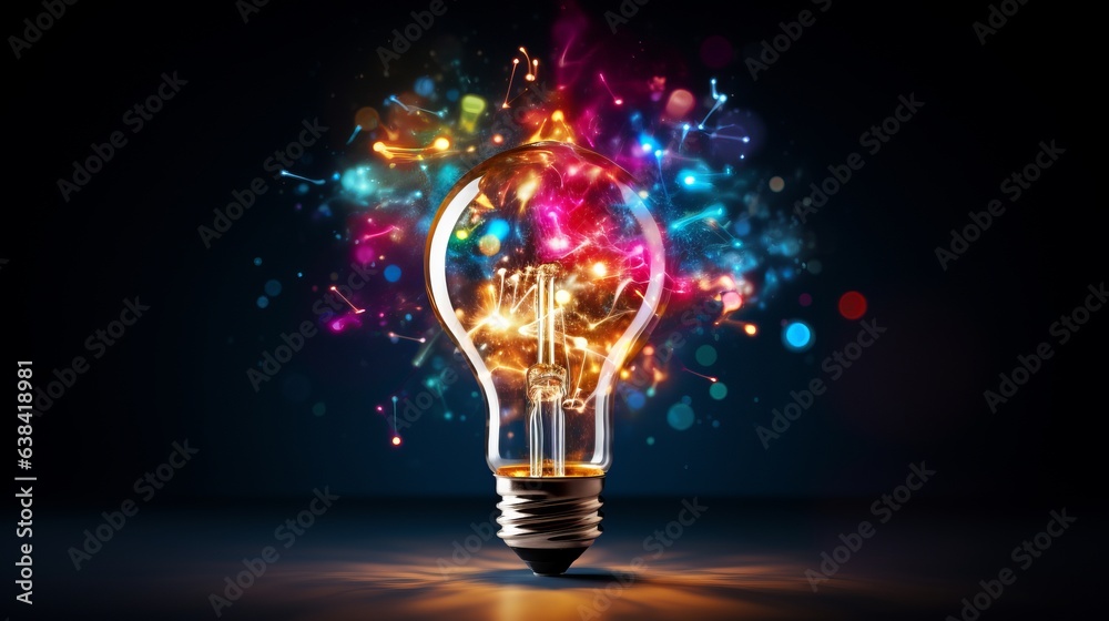 Creative light bulb explodes with colorful paint and colors. New idea, brainstorming concept. Banner - obrazy, fototapety, plakaty 