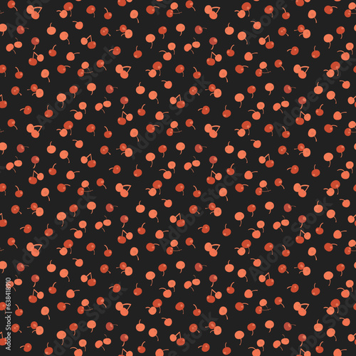 Cute seamless pattern with small cherries on a dark brown background. Abstract cherry berry   pattern, ditsy print. Vector illustration in a hand-drawn style. Elegant modern retro design 