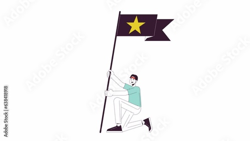 Asian fan boy holding flag with star line 2D character animation. Put flag on peak flat color cartoon 4K video, alpha channel. Achievable. Korean fanboy cheering animated person on white background photo