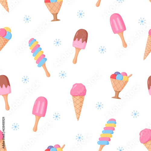 Popsicle ice cream on a stick and in waffle cones. Seamless pattern of summer dessert. Wallpaper background vector illustration.