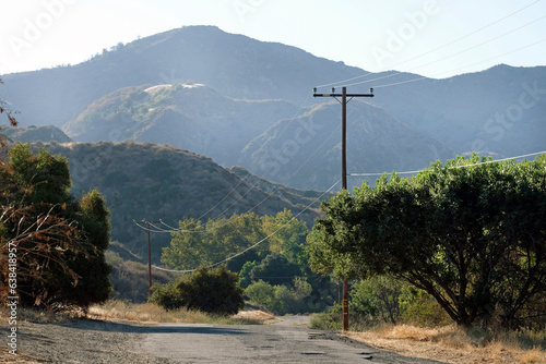 Empty road leading through Ed Davis Park in Towsley Canyon, California, during sunset photo