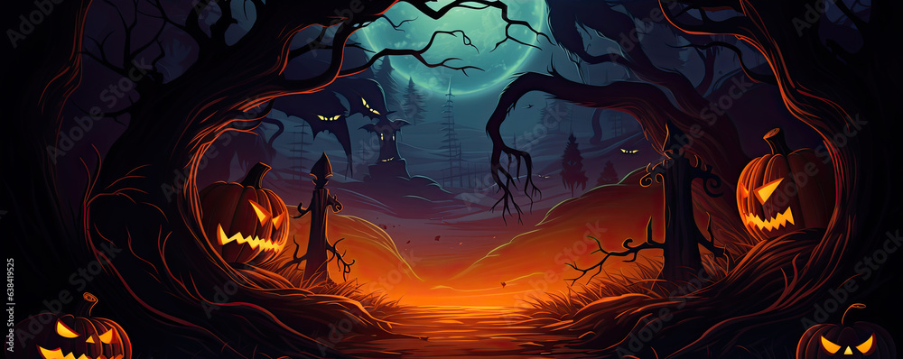 Halloweens and Pumpkin,  Graveyard cemetery, Spooky or scary dark Night.